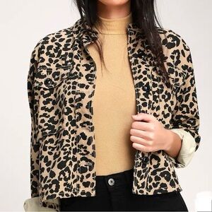 Lulus Fashionably Fierce Beige Leopard Print Denim Jacket Size Medium,Loose Fit